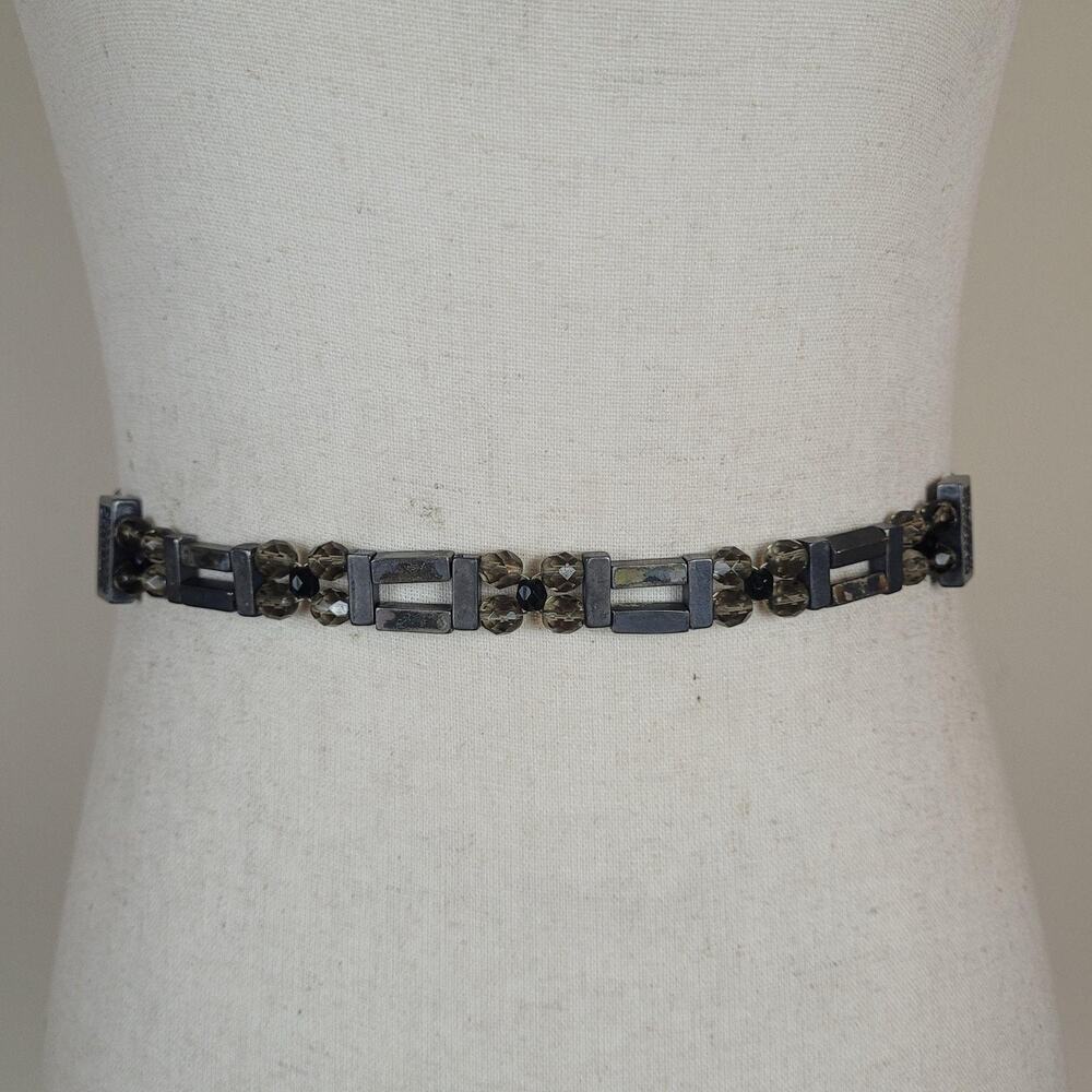 Black Leather Belt Small Beaded Skinny Waist Boho Art Deco Statement Gunmetal‎
